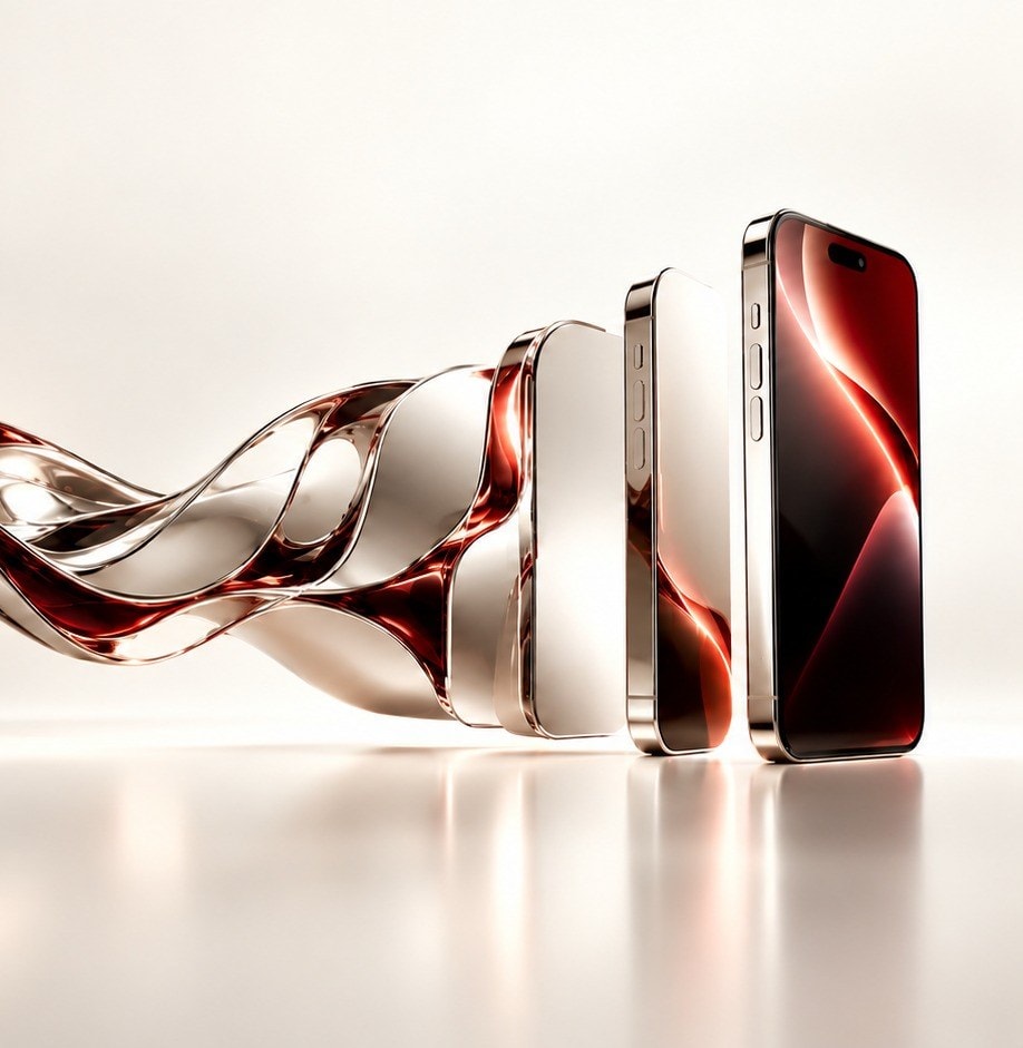 Liquid chrome and red flowing into a row of iPhones