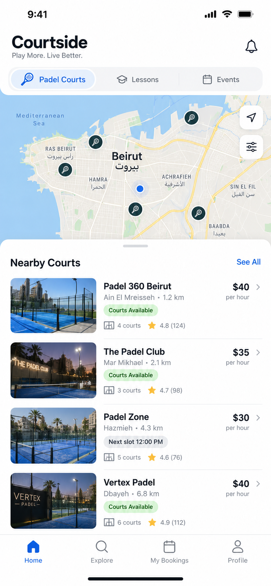 Padel app, screen 1